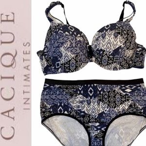 Cacique Bra Panty Set Size 44D Plunge Padded Support Lift Lane Bryant Blue White